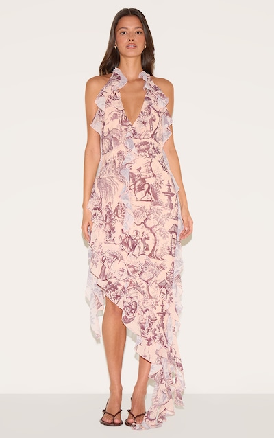 Robe longue en mousseline de soie imprimé gris pierre volantée à décolleté plongeant