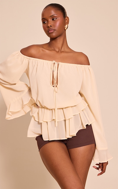 Cream Chiffon Bardot Frill Detail Long Sleeve Top
