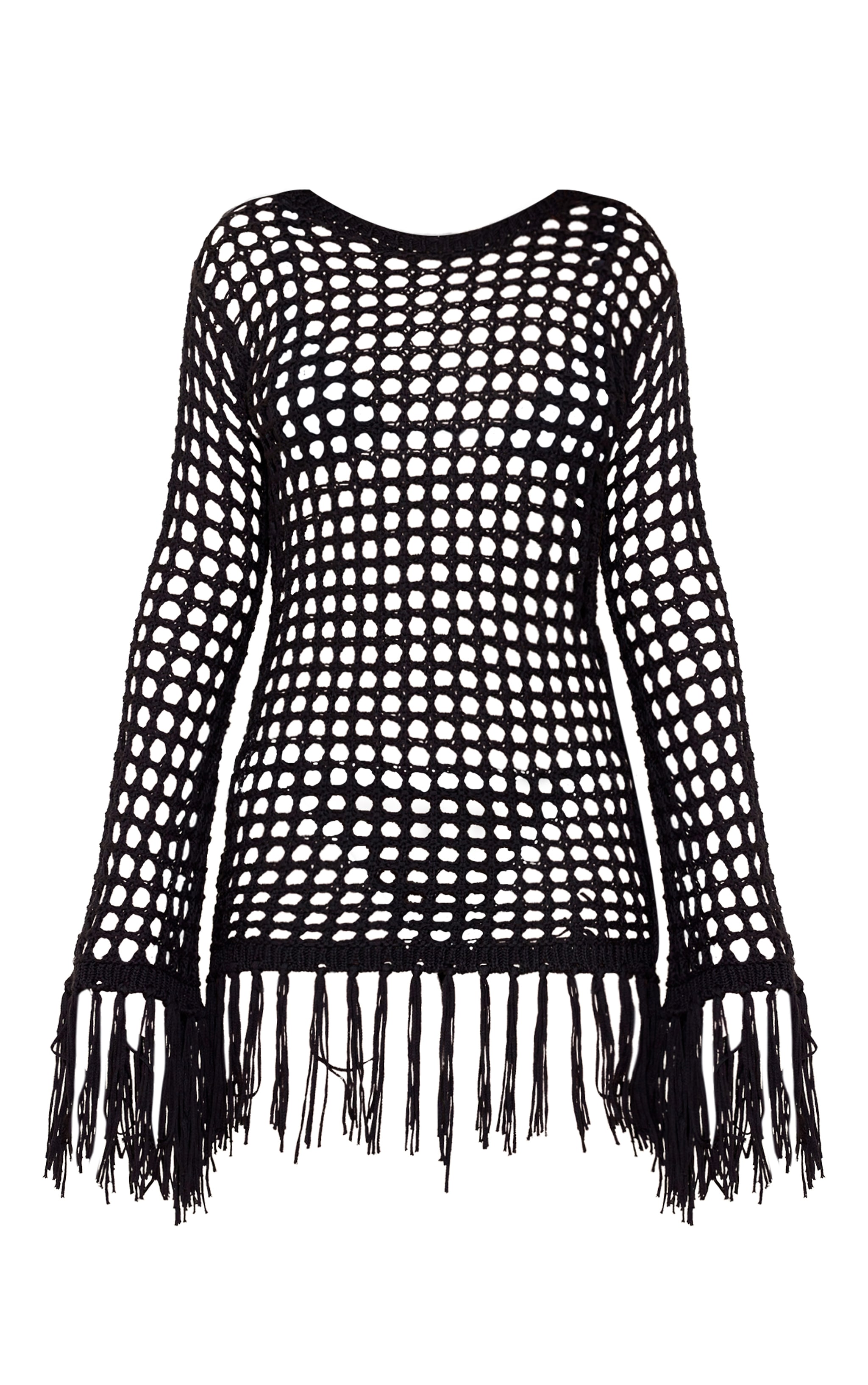 Petite Black Open Knit Tassel Detail Mini Dress image 5