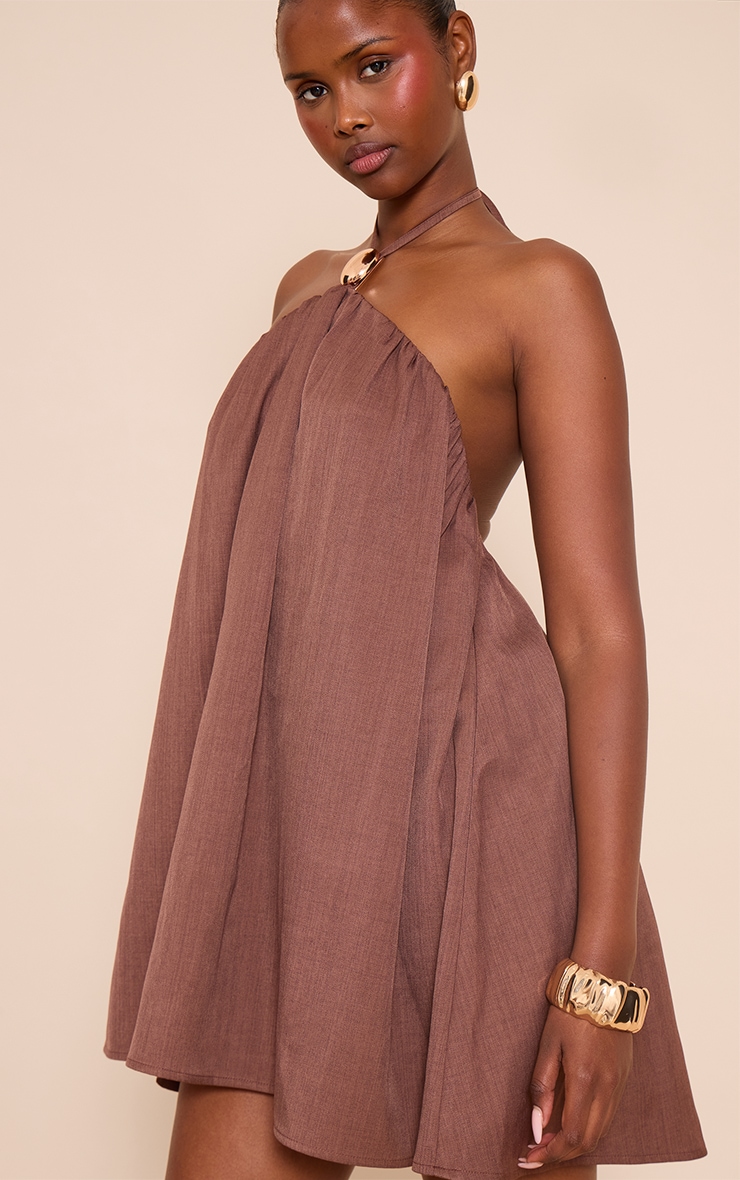 Brown Halterneck Trim Detail Smock Dress image 4