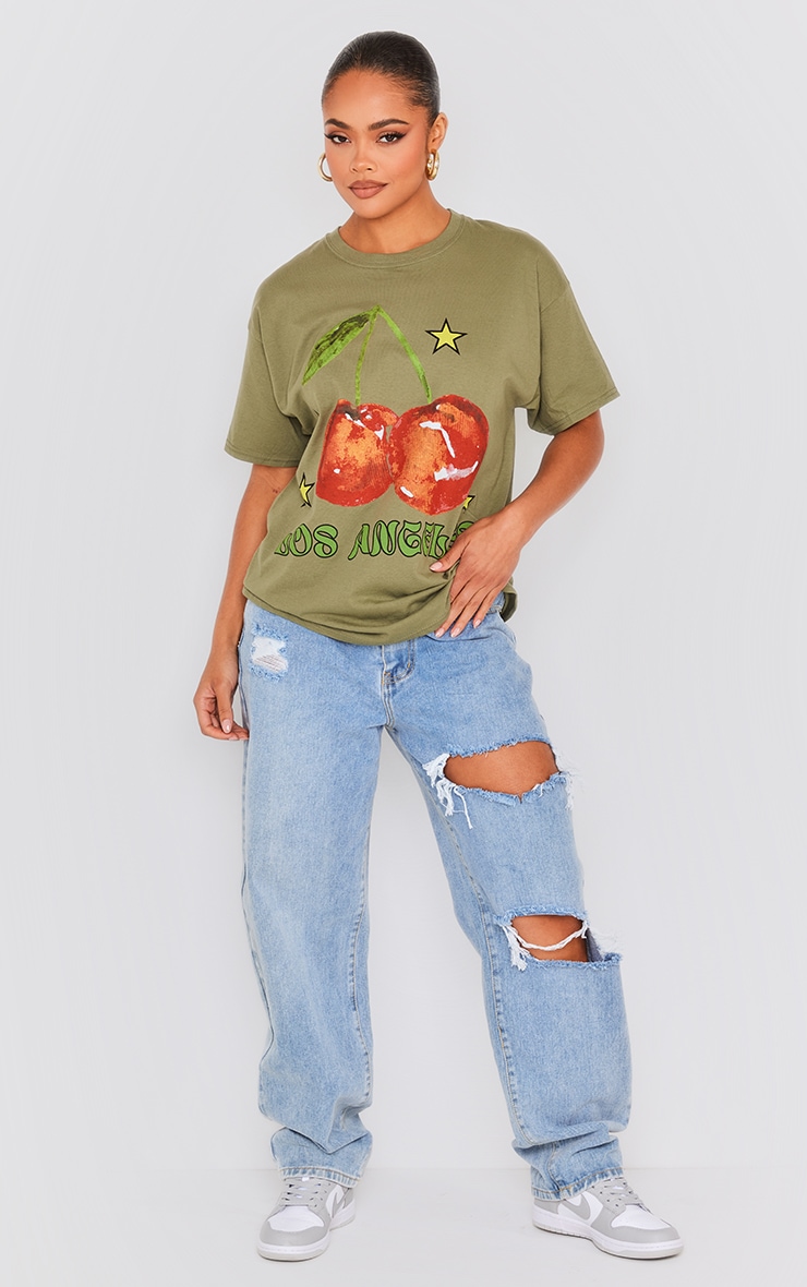 ★KIRSH★ Cherry Blur Graphic T-Shirt Khaki Khaki Los Angeles Cherry Print Oversized T Shirt | Tops