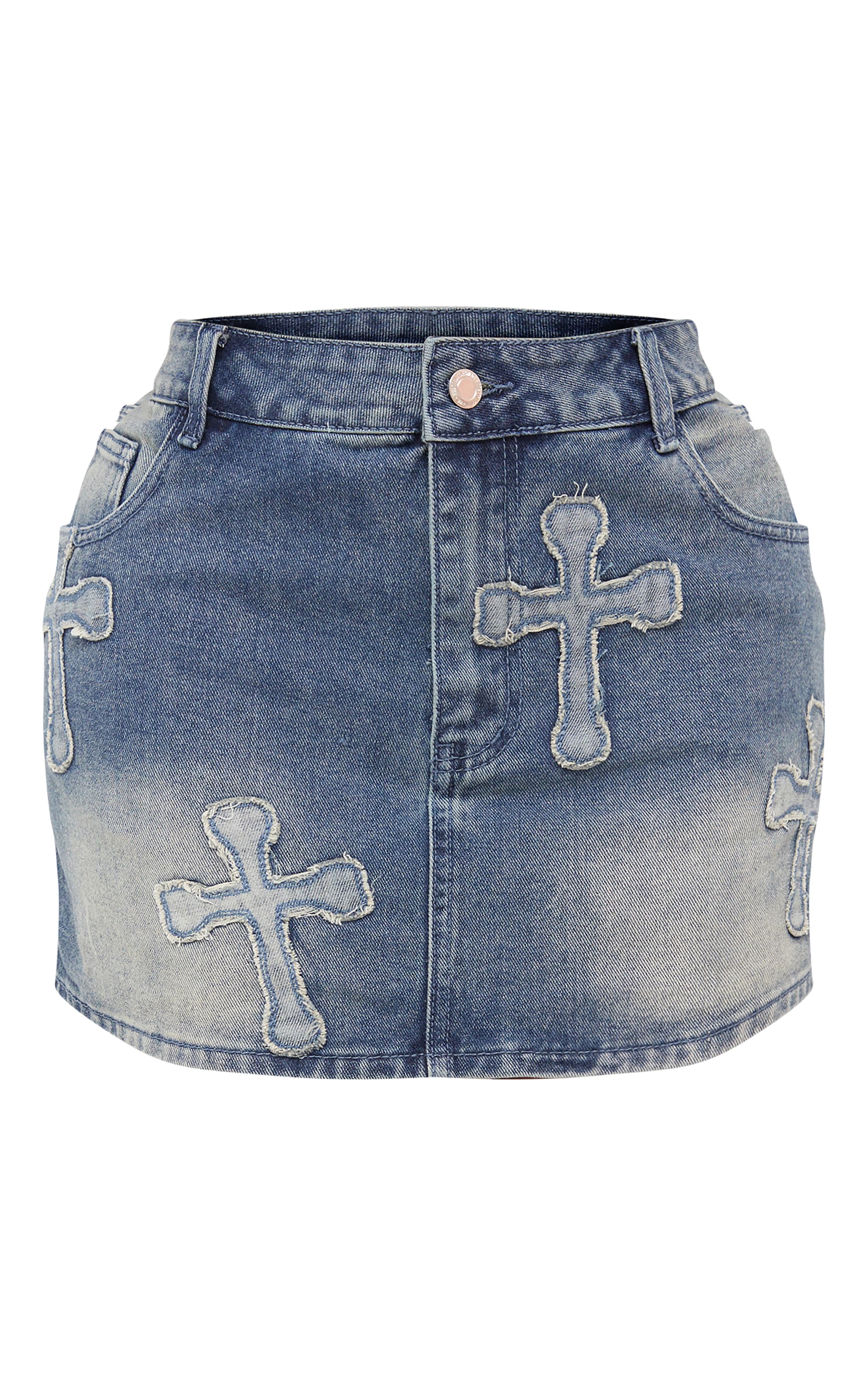 Shape Blue Washed Denim Embroidered Cross Mini Skirt image 6