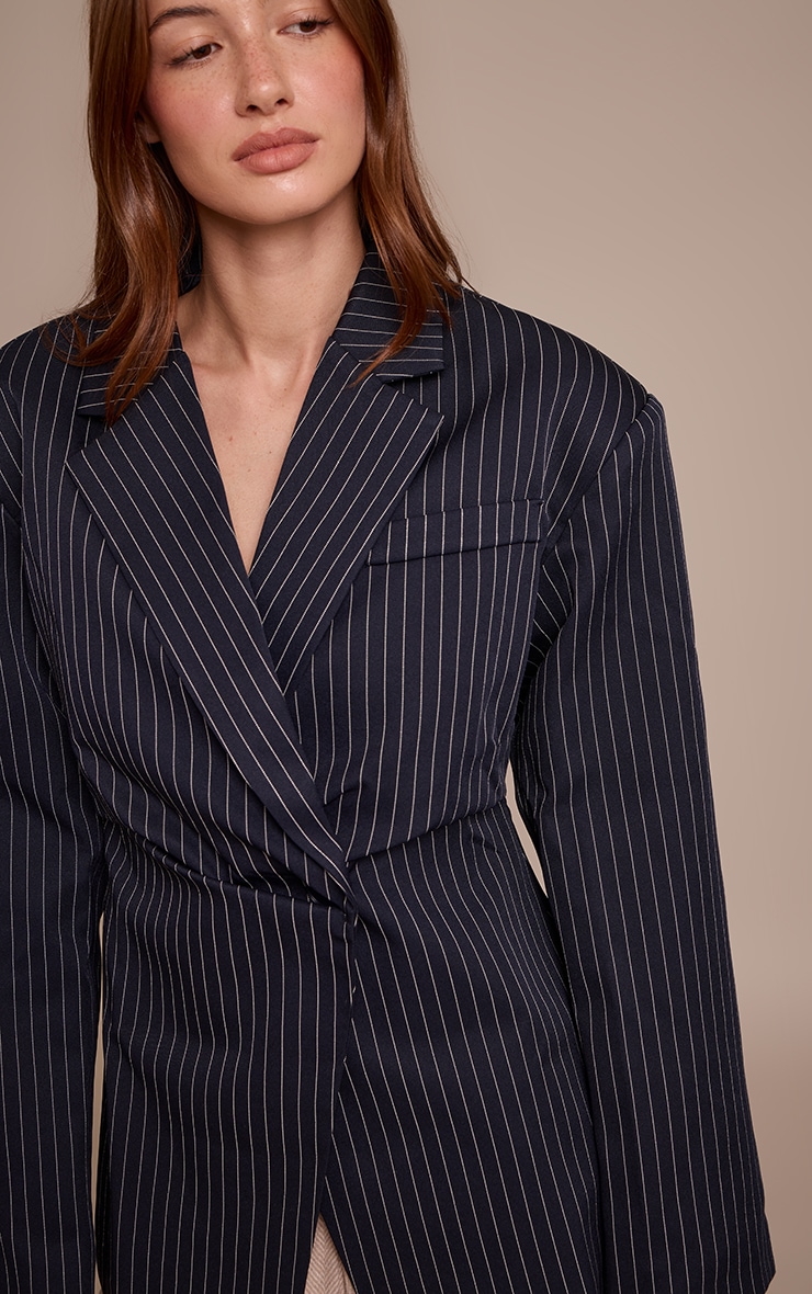 Navy Pinstripe Gathered Cinched Waist Blazer image 4