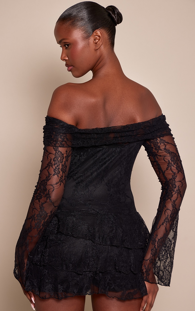Black Lace Bardot Long Sleeve Skort Romper image 2