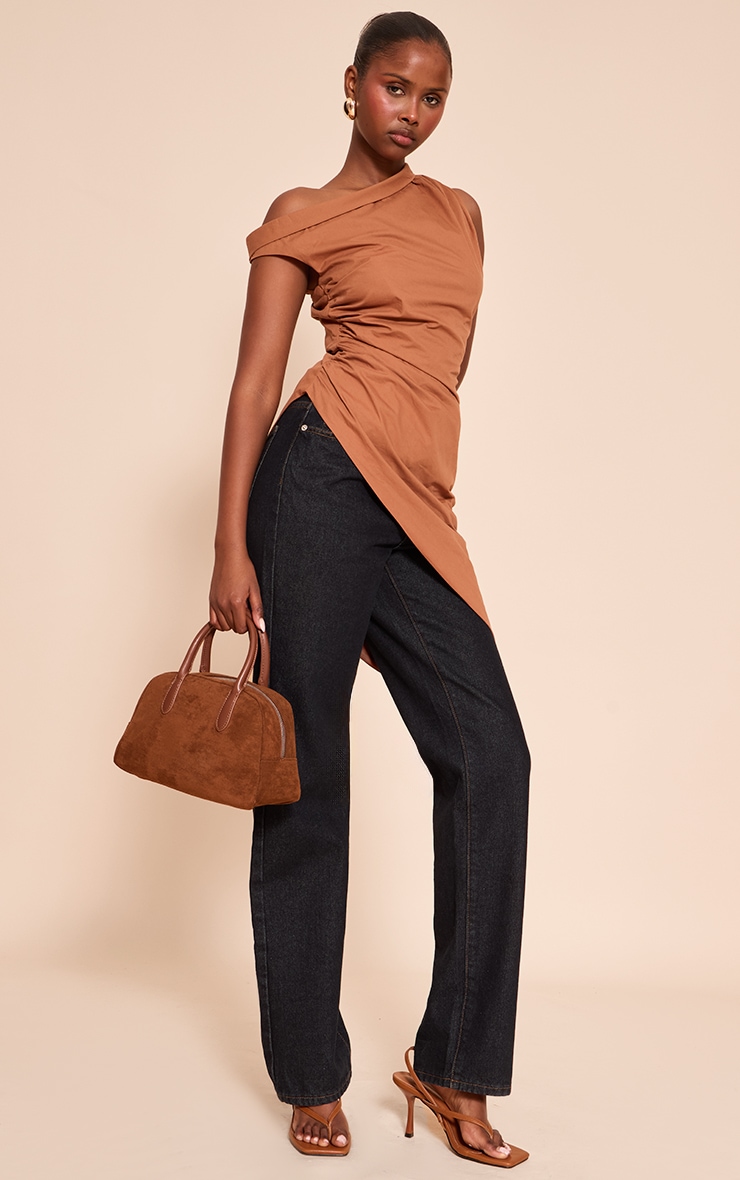 Burnt Orange Cotton One Shoulder Ruched Extreme Asymmetric Hem Top image 3