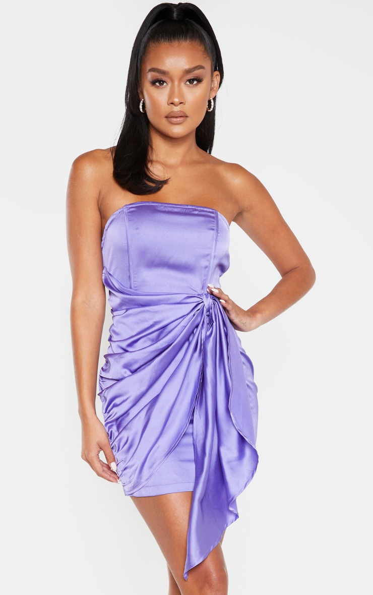 Purple Satin Knot Detail Bandeau Bodycon Dress