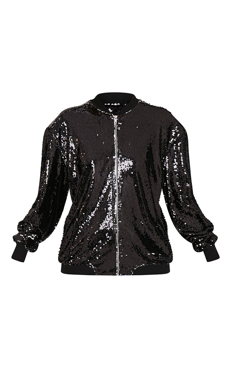 Iola Black Sequin Bomber Jacket PrettyLittleThing