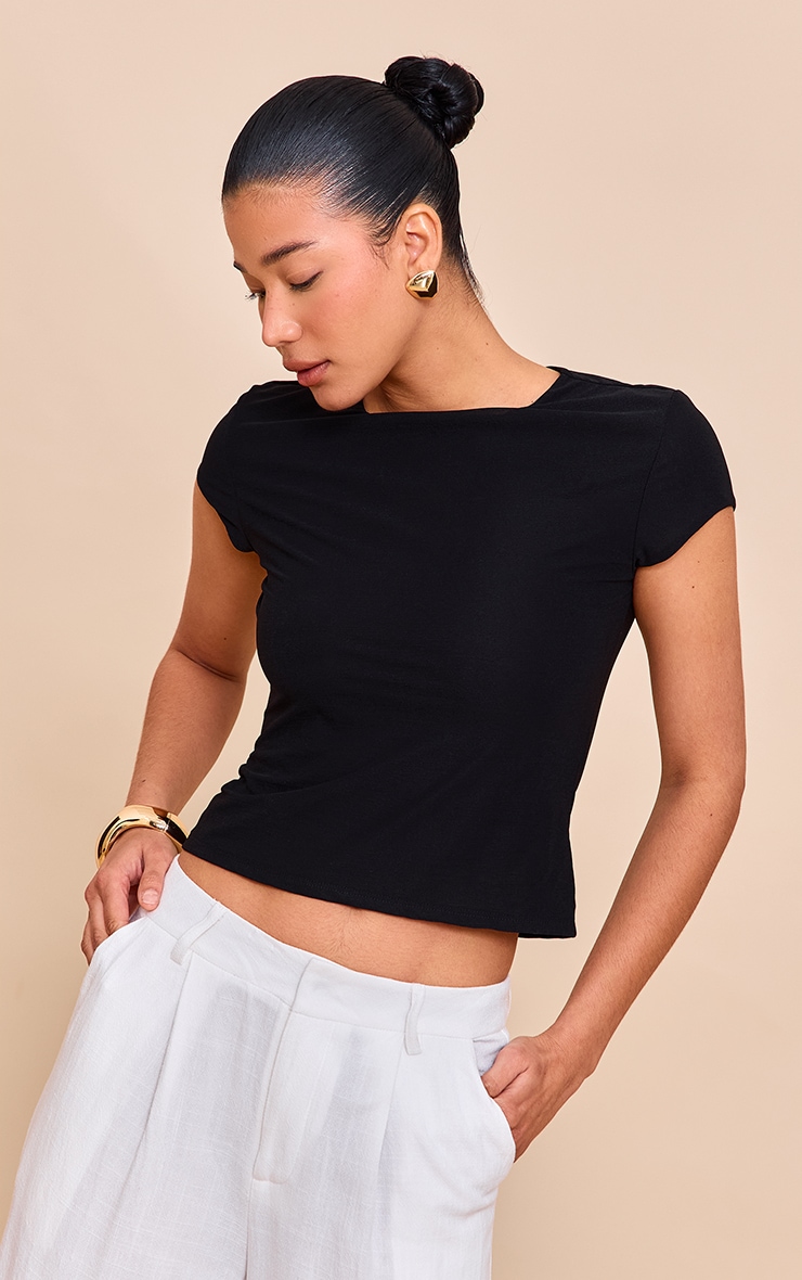 Black Stretch Chiffon Cap Sleeve Fitted T Shirt image 4