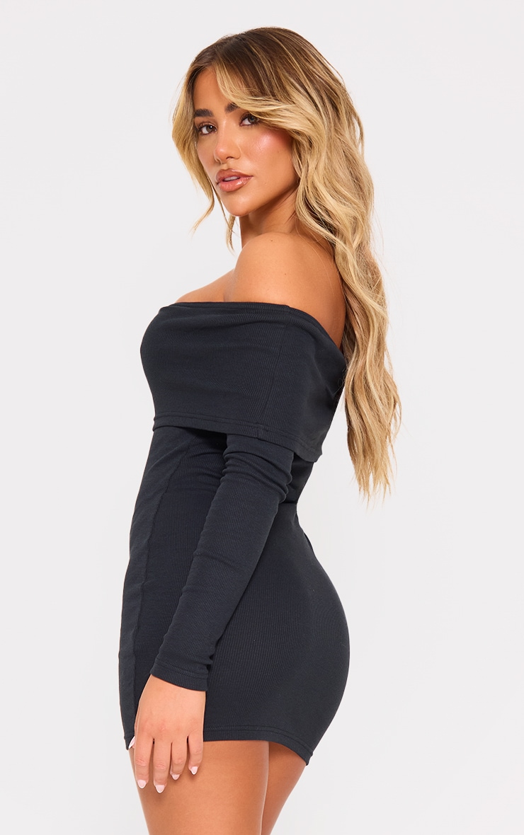 Black Rib Foldover Bardot Bodycon Dress image 2