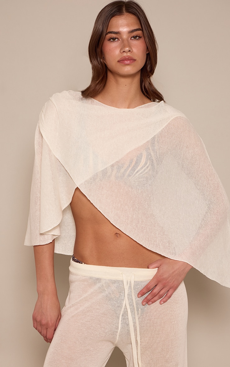Cream Sheer Knit Draped Poncho Top