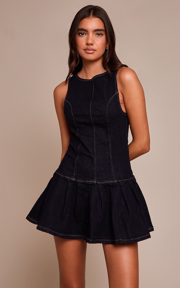 Indigo Racer Neck Pleated Denim Mini Dress