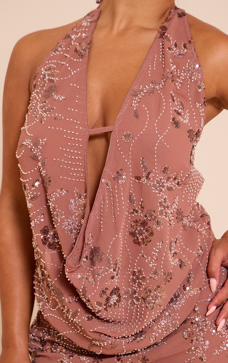Shape Top dos nu marron à col bénitier et sequins en fleurs image 4