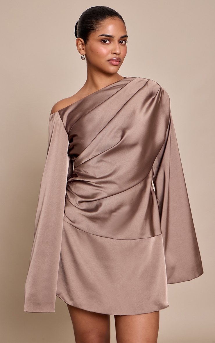 Petite Taupe Off Shoulder Tailored Woven Mini Dress