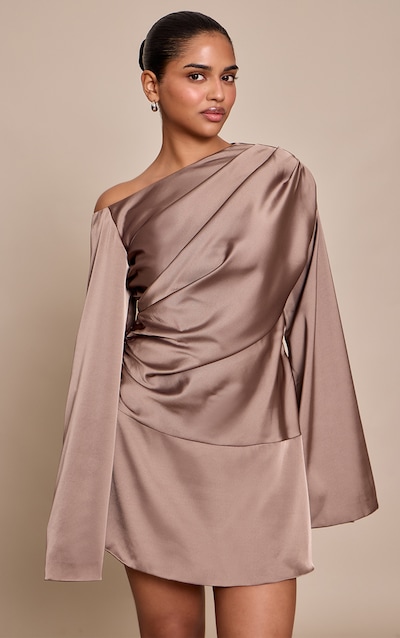 Petite Mini robe de tailleur tissée taupe à épaule dénudée