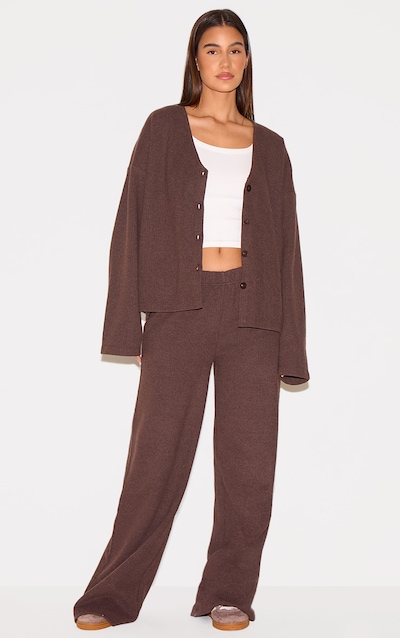 Brown Heavy Brushed Rib Slouchy Wide Leg Pants