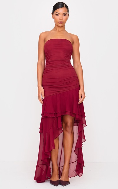 Burgundy Mesh Ruffle Detail Maxi Dress