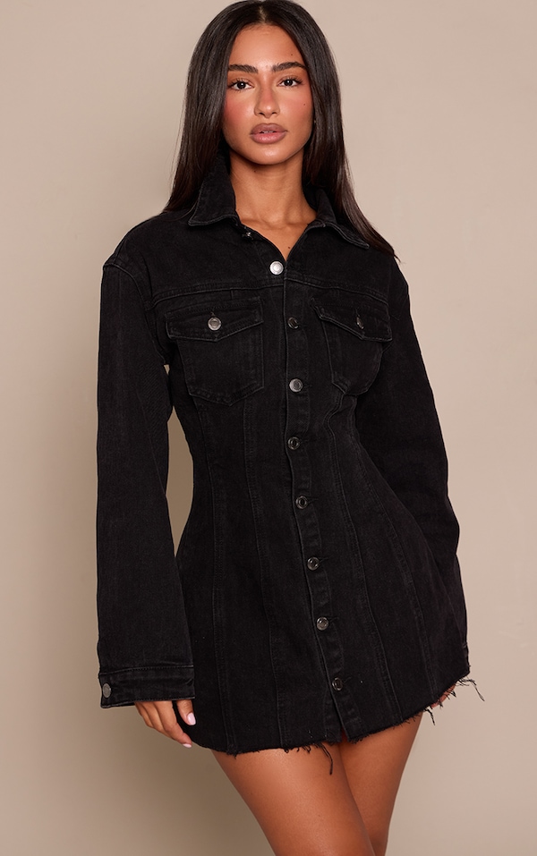 Petite Black Denim Long Sleeve Fitted Mini Dress