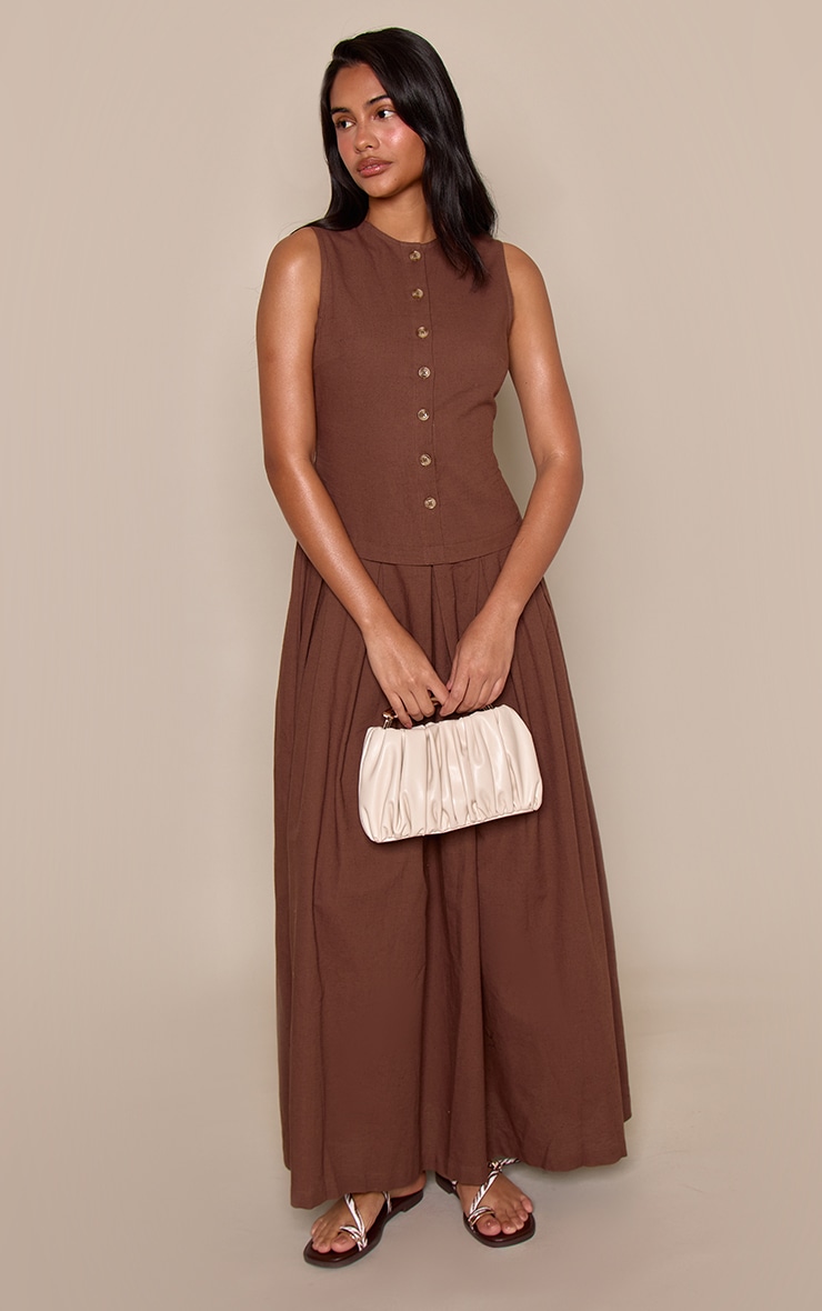 Chocolate Linen Look Button Down Dropped Waist Maxi Dress