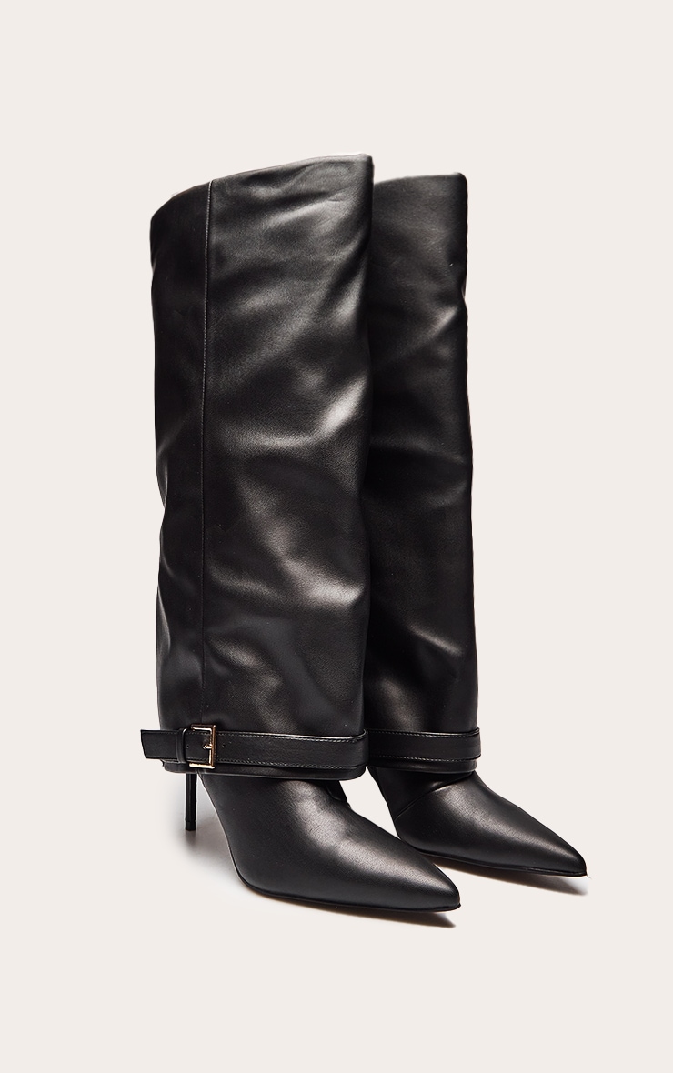 Black Fold Over Buckle Detail Knee High Heeled Boot image 3