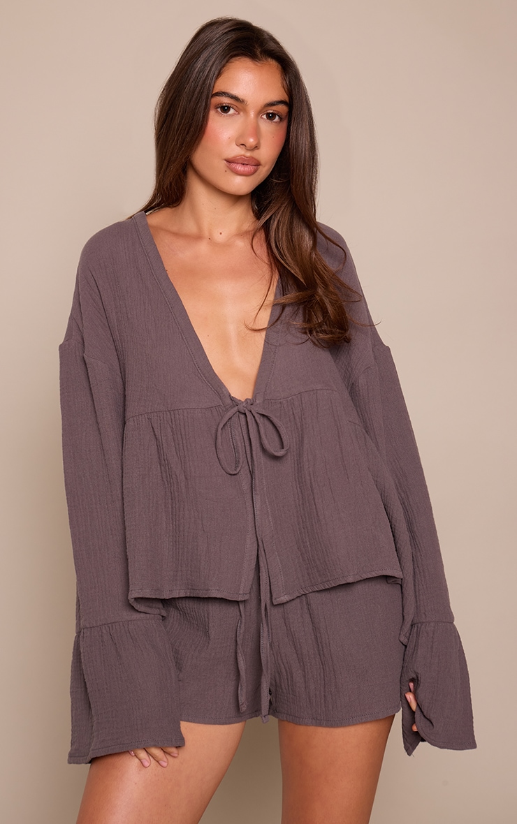 Charcoal Cheesecloth Tie Front Blouse