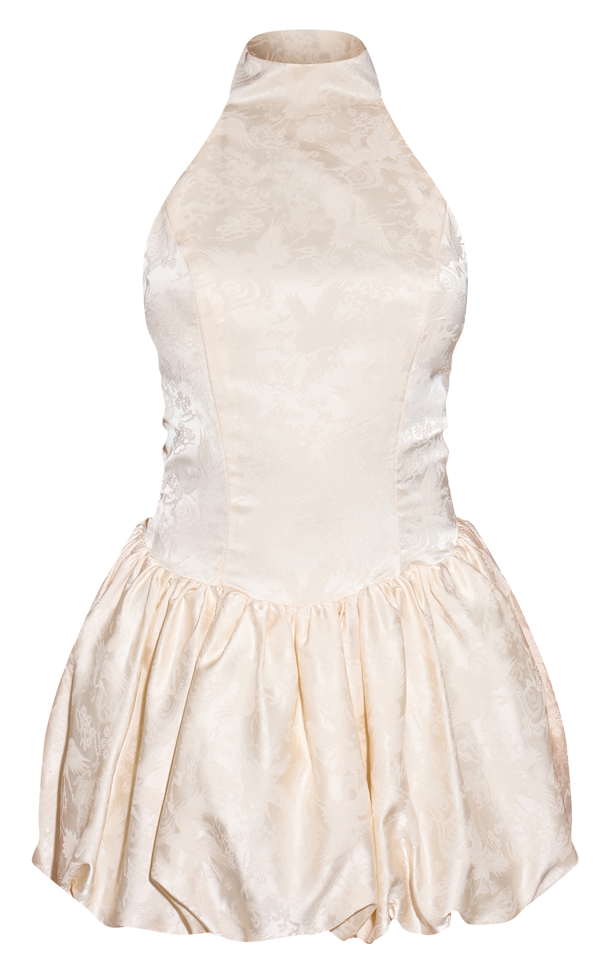 Cream Woven Jacquard Halterneck Puffball Dress image 5
