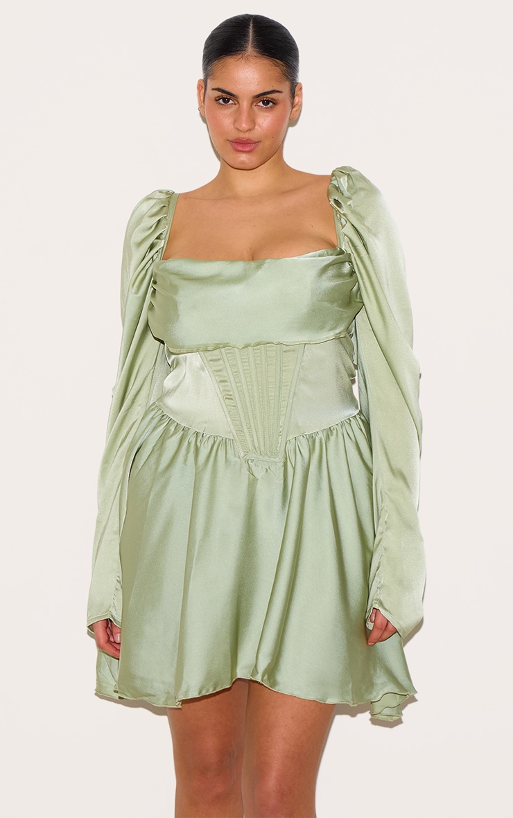 Plus Sage Green Satin Corset Detail Puffball Shift Dress image 3