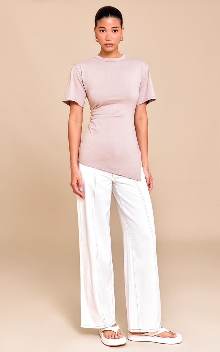 Sand Cotton Ruched Side Asymmetric Hem T-shirt image 3