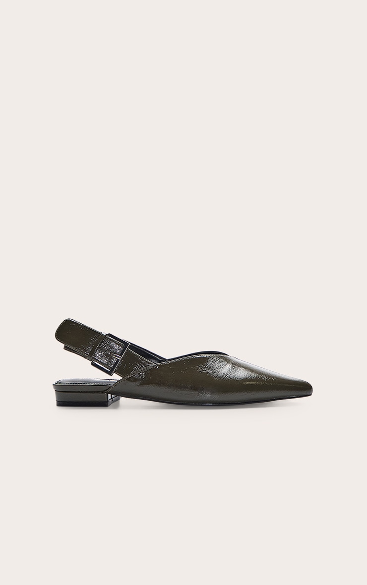 Olive Crinkle PU Buckle Point Toe Sling Back Mules image 2