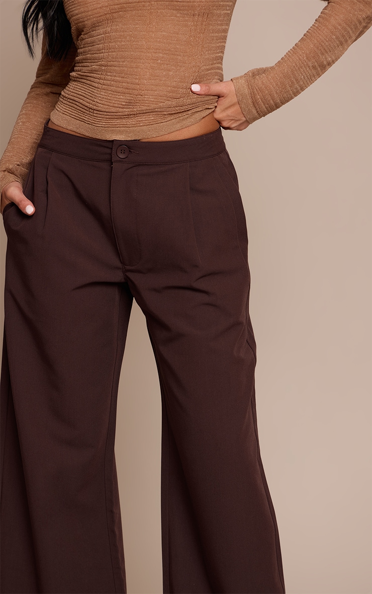 Dark Chocolate Woven Tailored Wide Leg Pleated Pants image 4