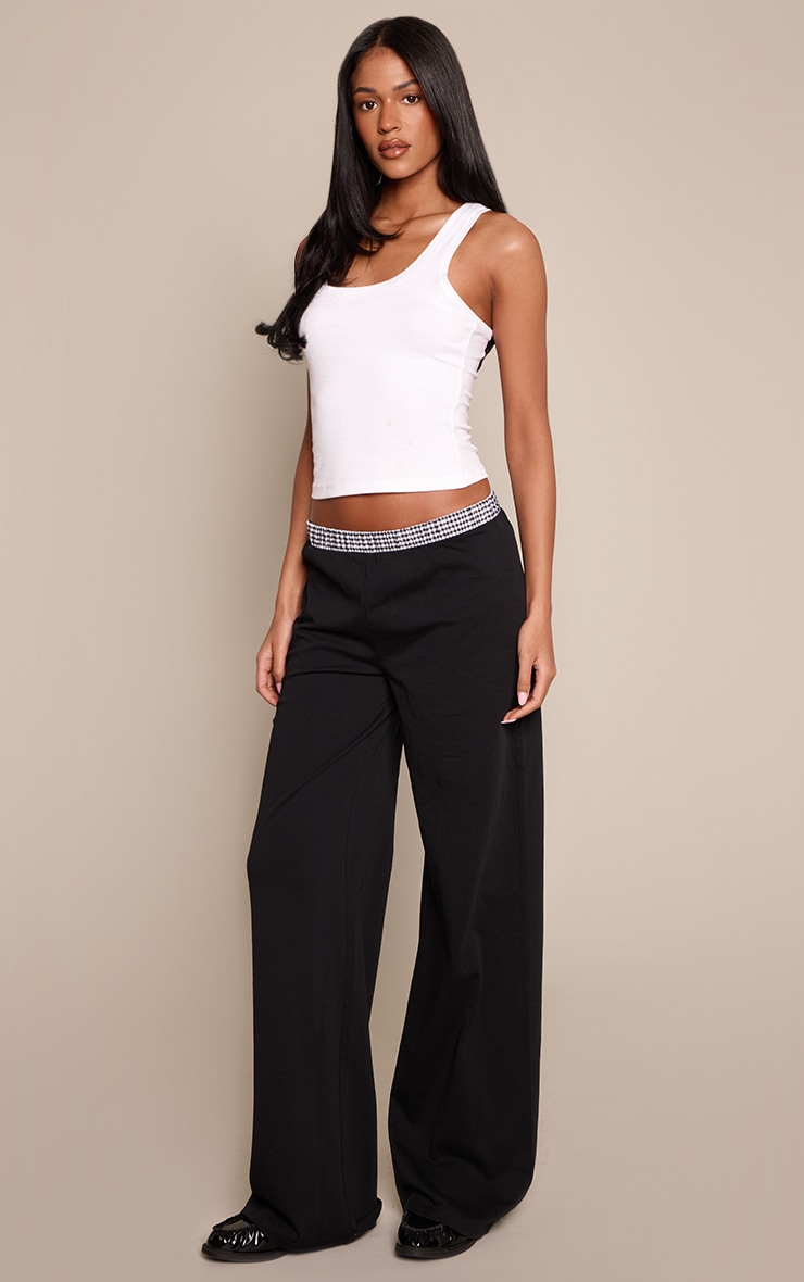 Tall Black Cotton Checked Waistband Detail Jersey Wide Leg Trouser