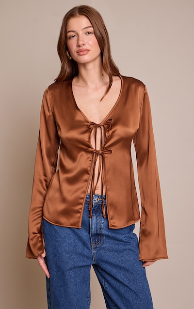 Brown Satin Tie Front Detail Long Sleeve Top