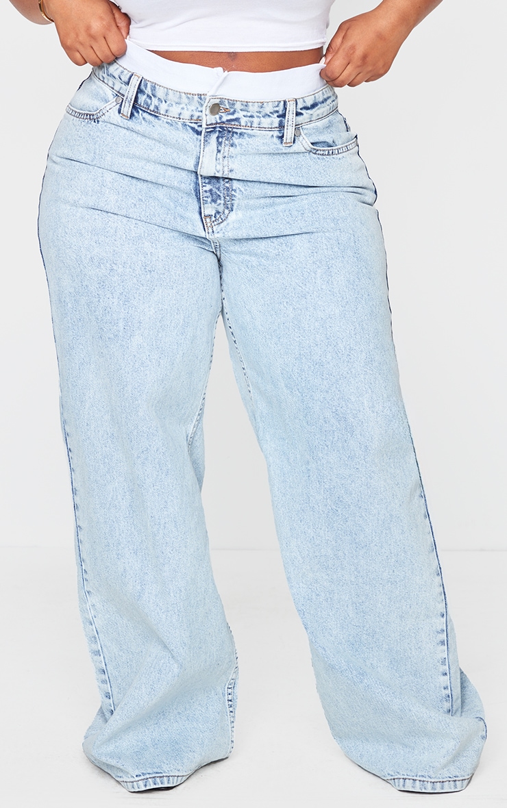 Plus Blue Boxer Detail Waistband Wide Leg Jeans Plus Size PLT USA