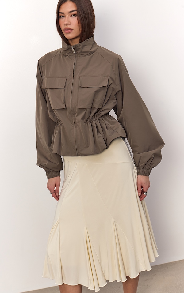 Khaki Cinch Waist Pocket Detail Rain Coat