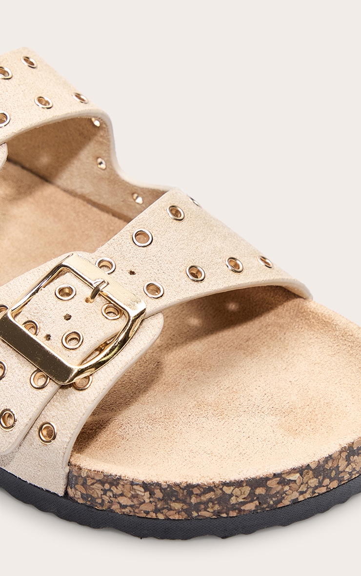 Beige Faux Suede Double Buckle Eyelet Footbed Sandals image 4