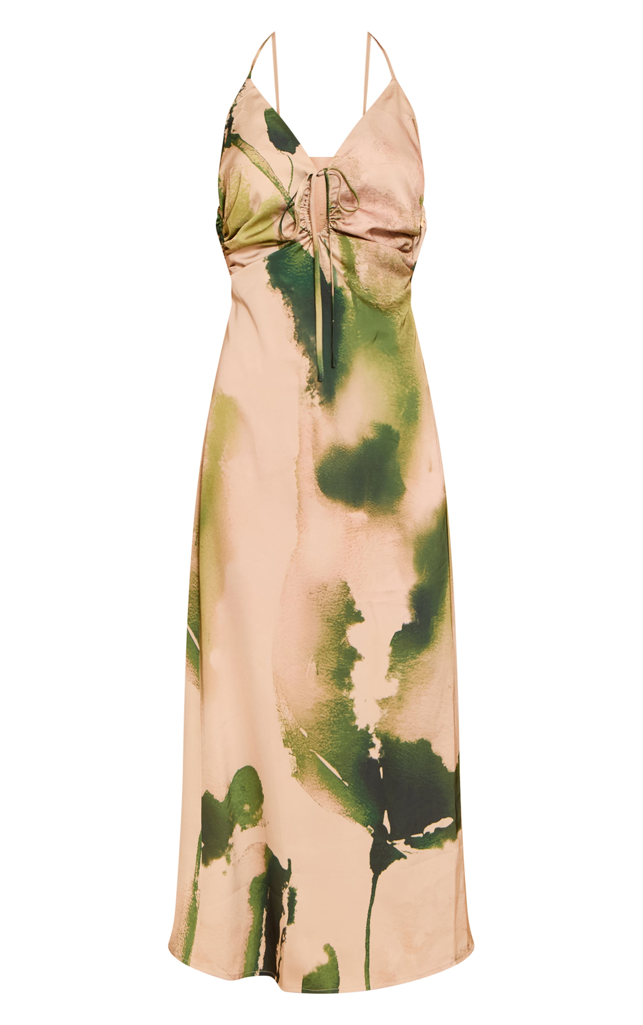 Robe longue satinée verte fleurie nouée devant image 5