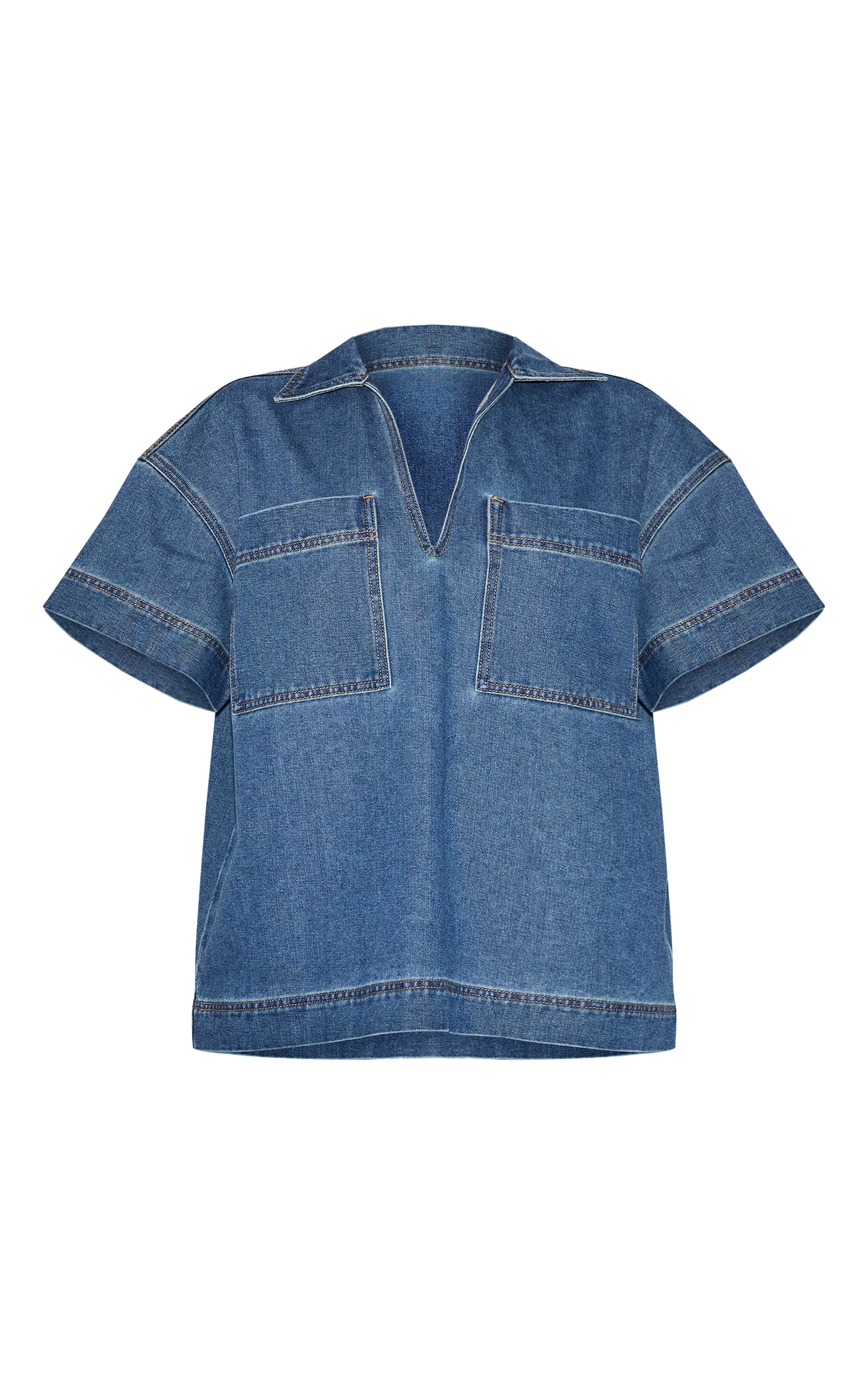 Dark Blue Boxy Pocket Detail Short Sleeve Denim Rugby Shirt image 5