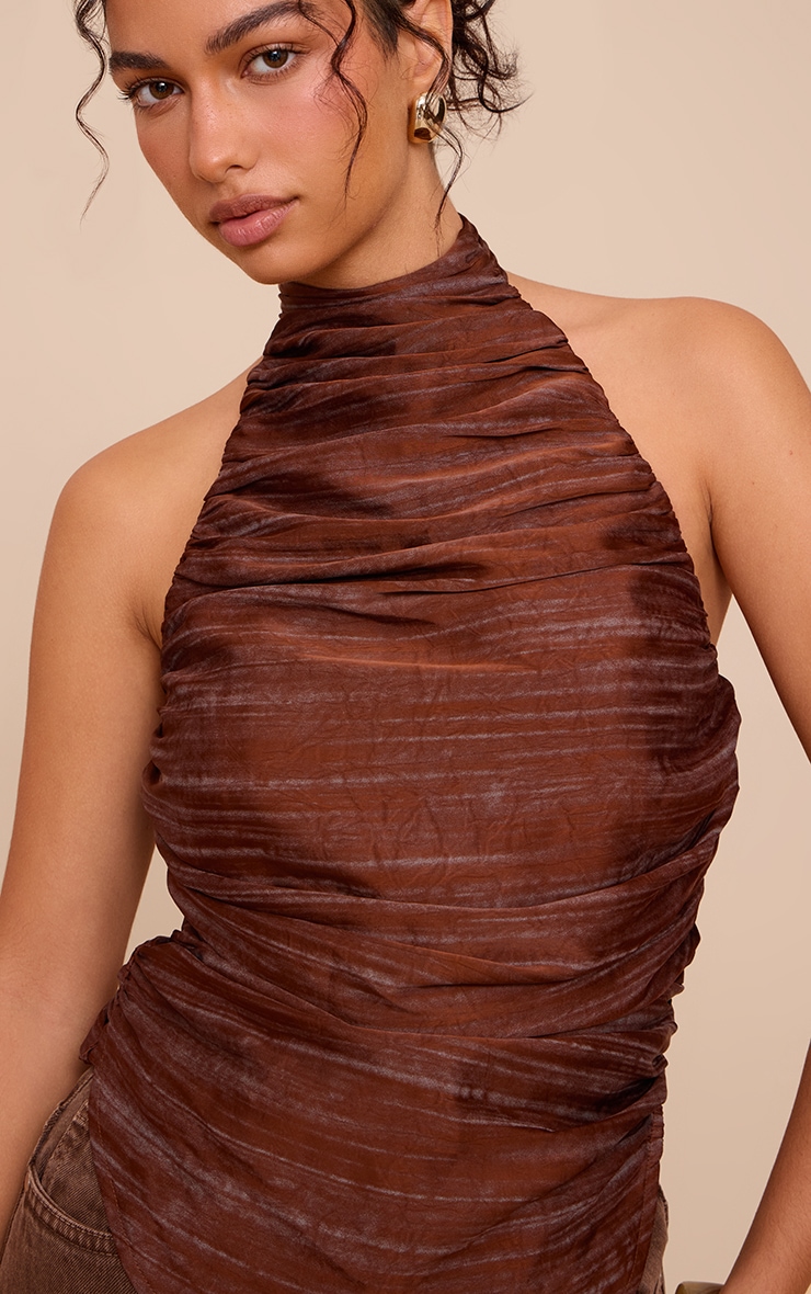 Brown Printed Satin Ruched Halterneck Top image 4