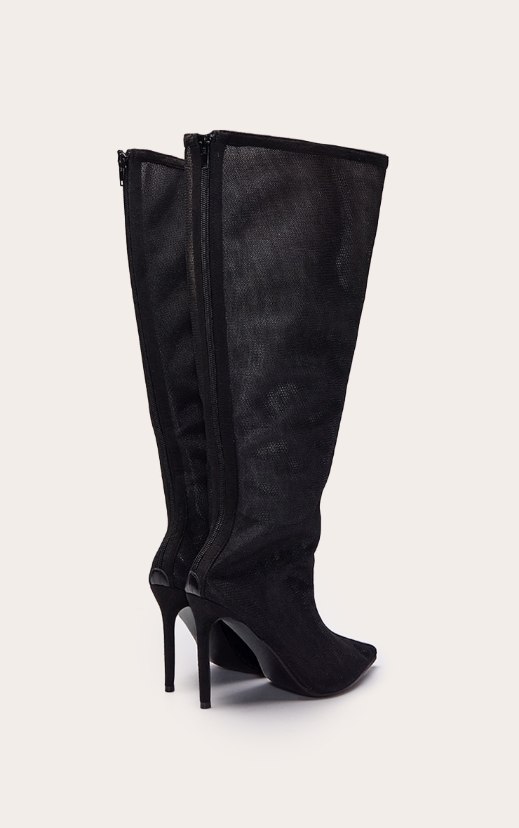 Black Mesh Heeled Knee High Boot image 4