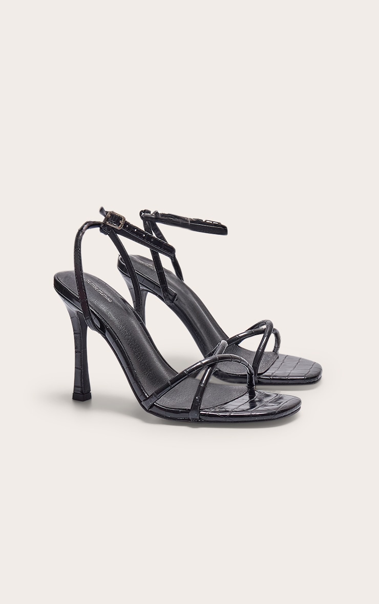 Black PU Croc Square Toe Barely There High Heeled Sandals image 2