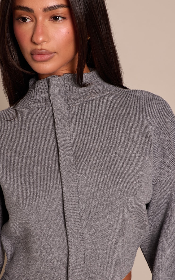 Petite Grey Marl Ribbed Knit Zip Up Cardigan  image 4