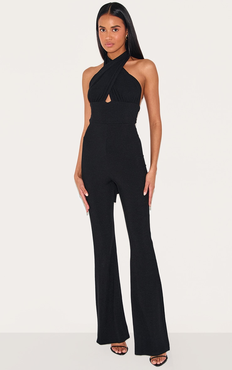 Black Cross Neck Tie Back Rib Jumpsuit image 1