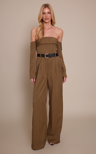 Khaki Woven Bardot Long Sleeve Belt Detail Jumpsuit