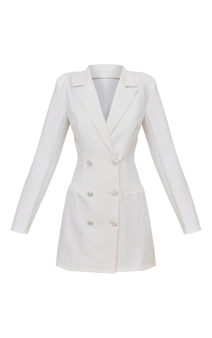 White Woven Double Breasted Diamante Button Blazer Dress image 5