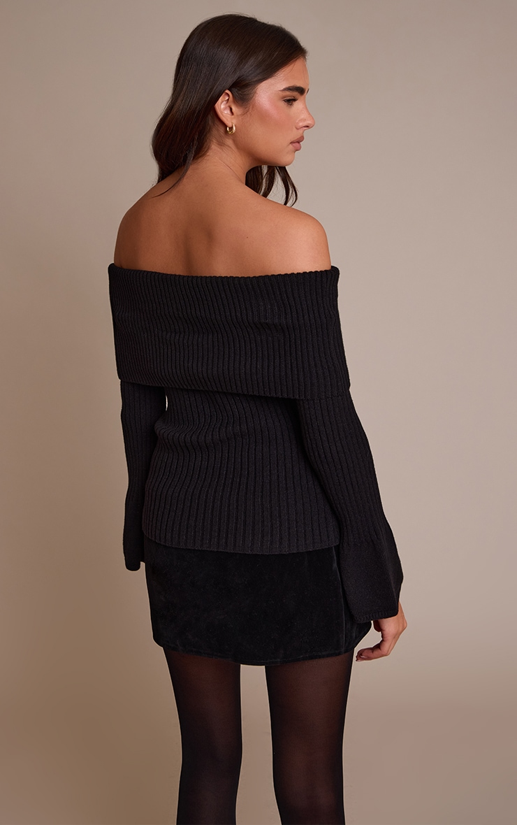 Black Ribbed Bardot Flute Sleeve Knitted Top image 2