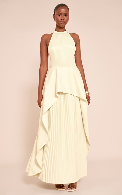Robe longue tissée jaune citron plissée à dos nu et partie superposée