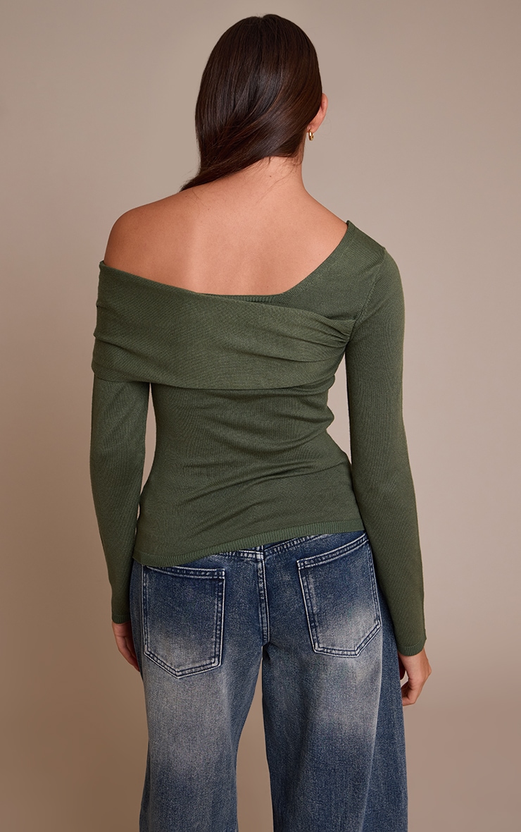Olive Long Sleeve Asymmetric Shoulder Knitted Top image 2