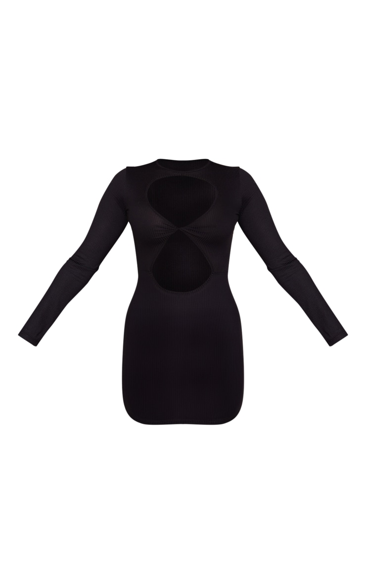 Black Rib Long Sleeve Twist Front Cut Out Mini Dress image 5