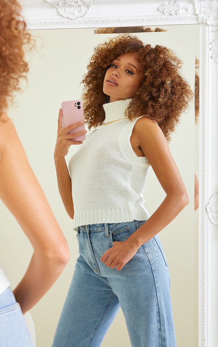 Cream Roll Neck Sleeveless Knitted Top