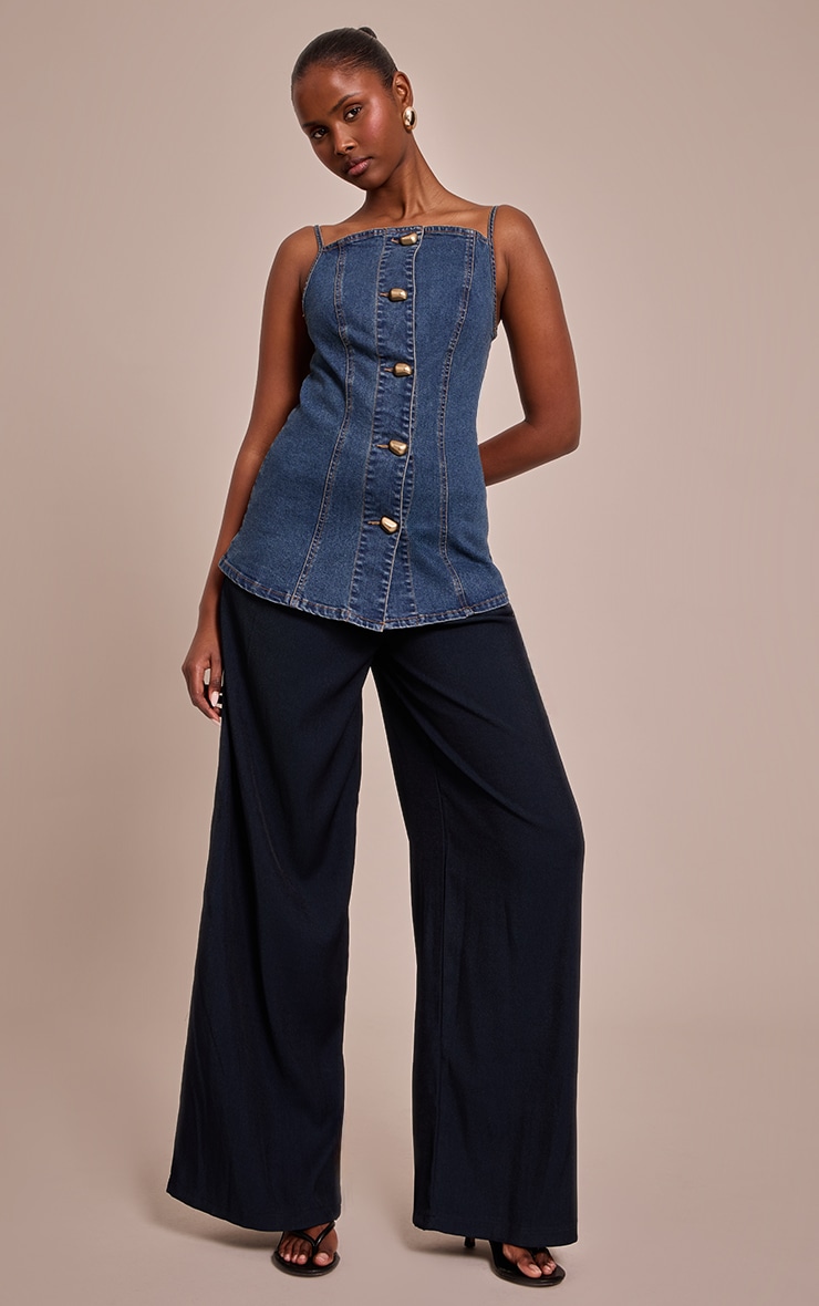 Dark Blue Gold Button Seam Detail Denim Cami Top image 3