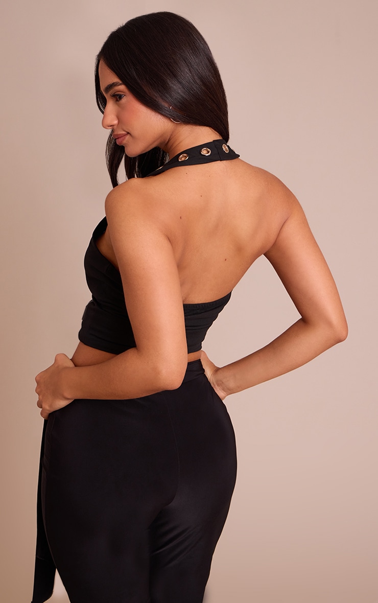 Petite Black Halterneck Eyelet Detail Long Top image 2